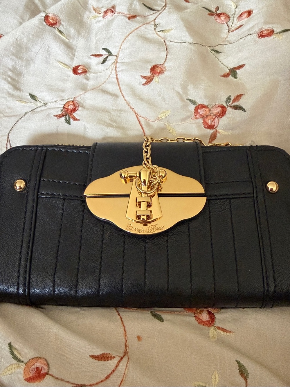 Rough Roses Black Lambskin Wallet with Gold Turn-Lock